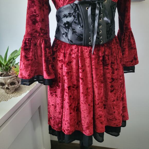 Hot Topic Red Velvet Bell Sleeve Dress – Size Small NWT Romantic Gothic Witchy - Picture 3 of 14